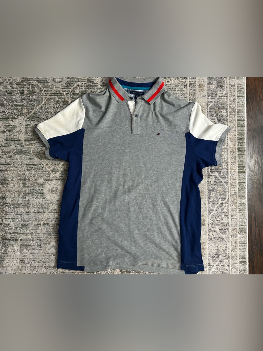 Tommy Hilfiger Grey Polo with Navy Panels and Red Trim